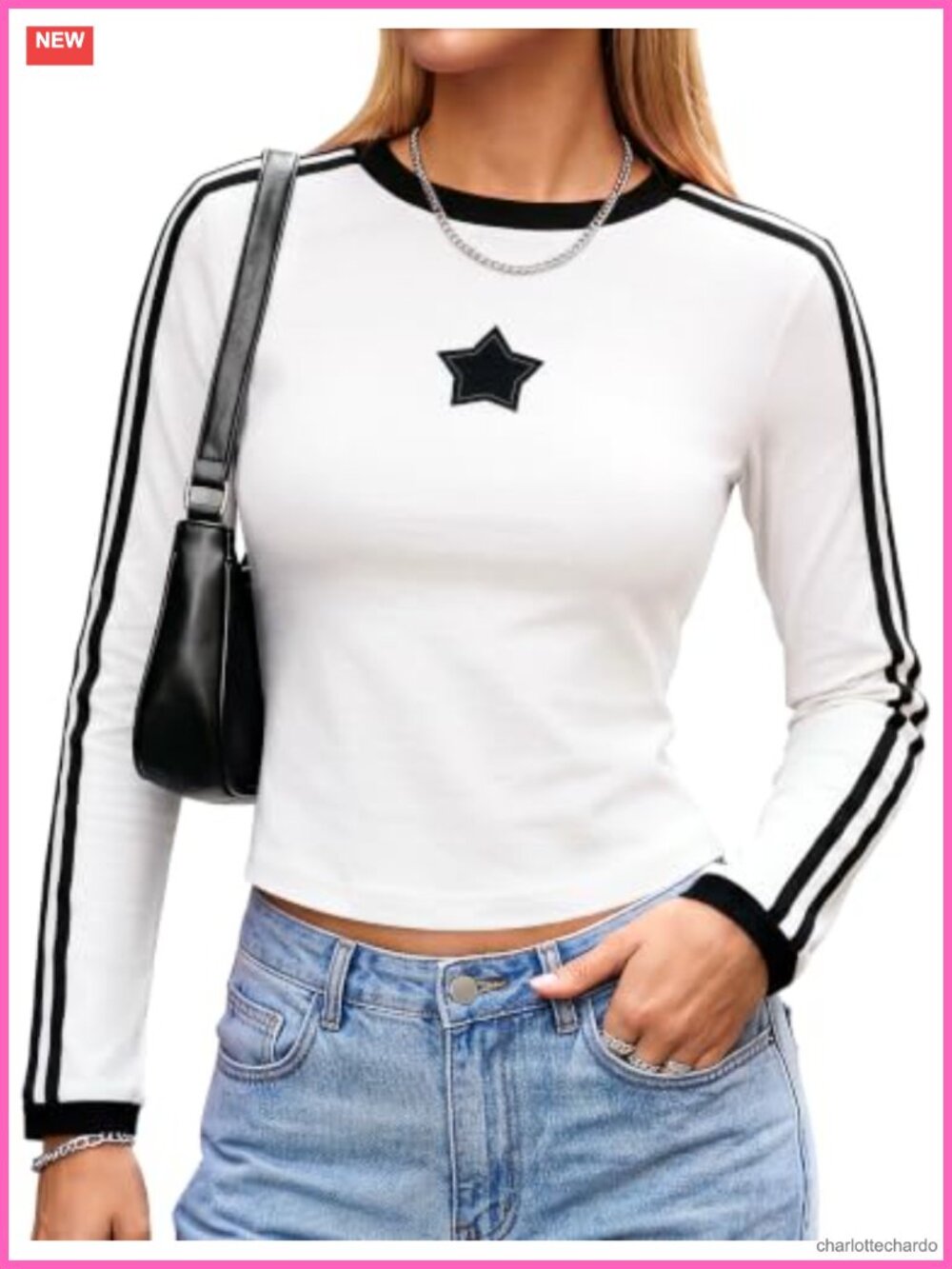 Y2K Long Sleeve Baby Tee Slim Fit Star Patch Crop Top
